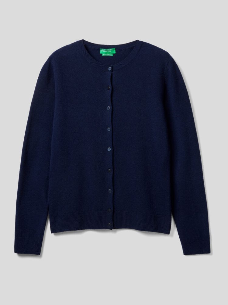 Benetton Crew Neck Pure Merino Wol Cardigan Dames Donkerblauw | BE250659