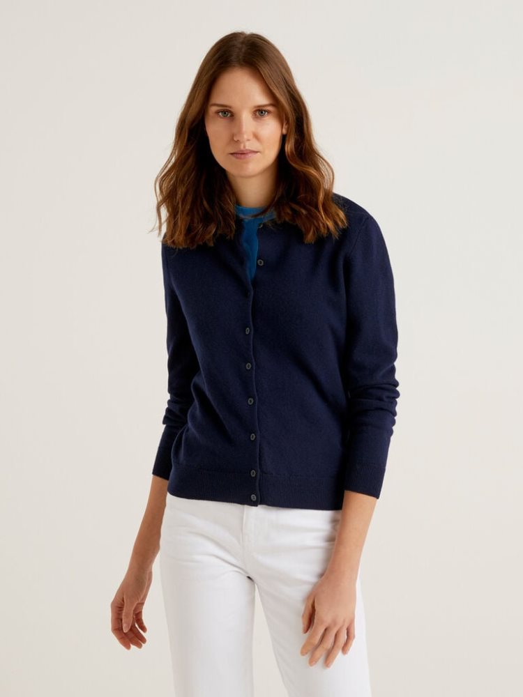 Benetton Crew Neck Pure Merino Wol Cardigan Dames Donkerblauw | BE250659