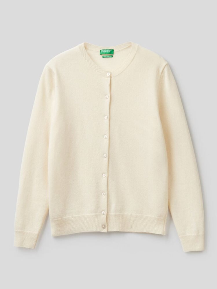 Benetton Crew Neck Pure Merino Wol Cardigan Dames Room Wit | BE276792