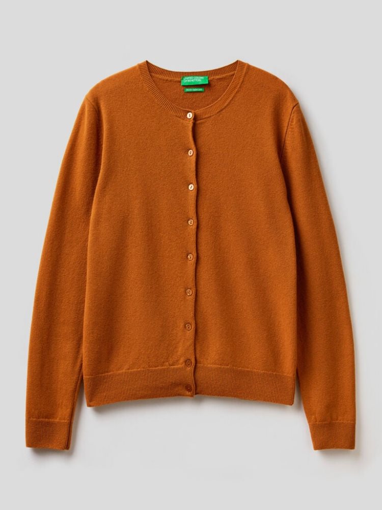 Benetton Crew Neck Pure Merino Wol Cardigan Dames Bruin | BE398173