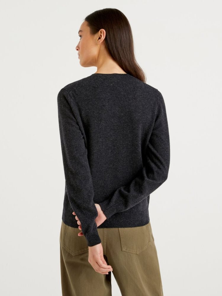 Benetton Crew Neck Pure Merino Wol Cardigan Dames Donkergrijs | BE409122