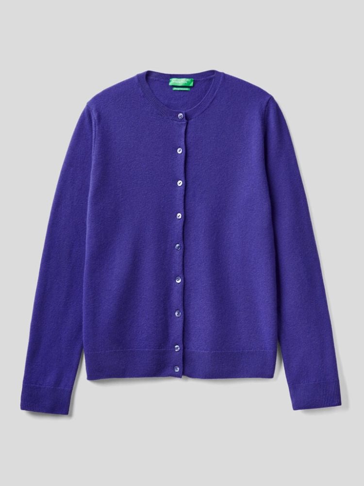 Benetton Crew Neck Pure Merino Wol Cardigan Dames Diepblauw | BE470660