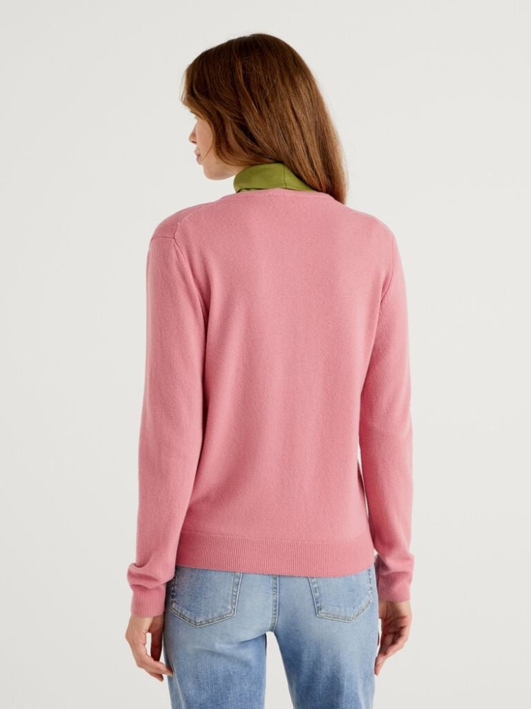 Benetton Crew Neck Pure Merino Wol Cardigan Dames Roze | BE480478