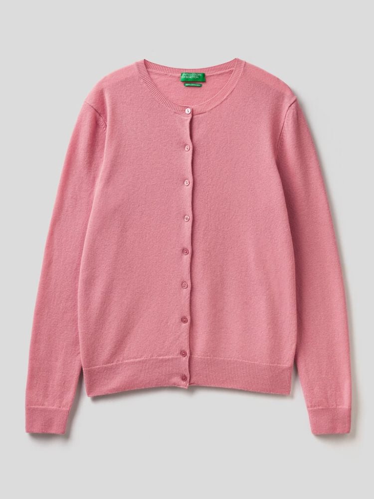 Benetton Crew Neck Pure Merino Wol Cardigan Dames Roze | BE480478