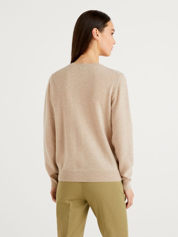 Benetton Crew Neck Pure Merino Wol Cardigan Dames Beige | BE512869