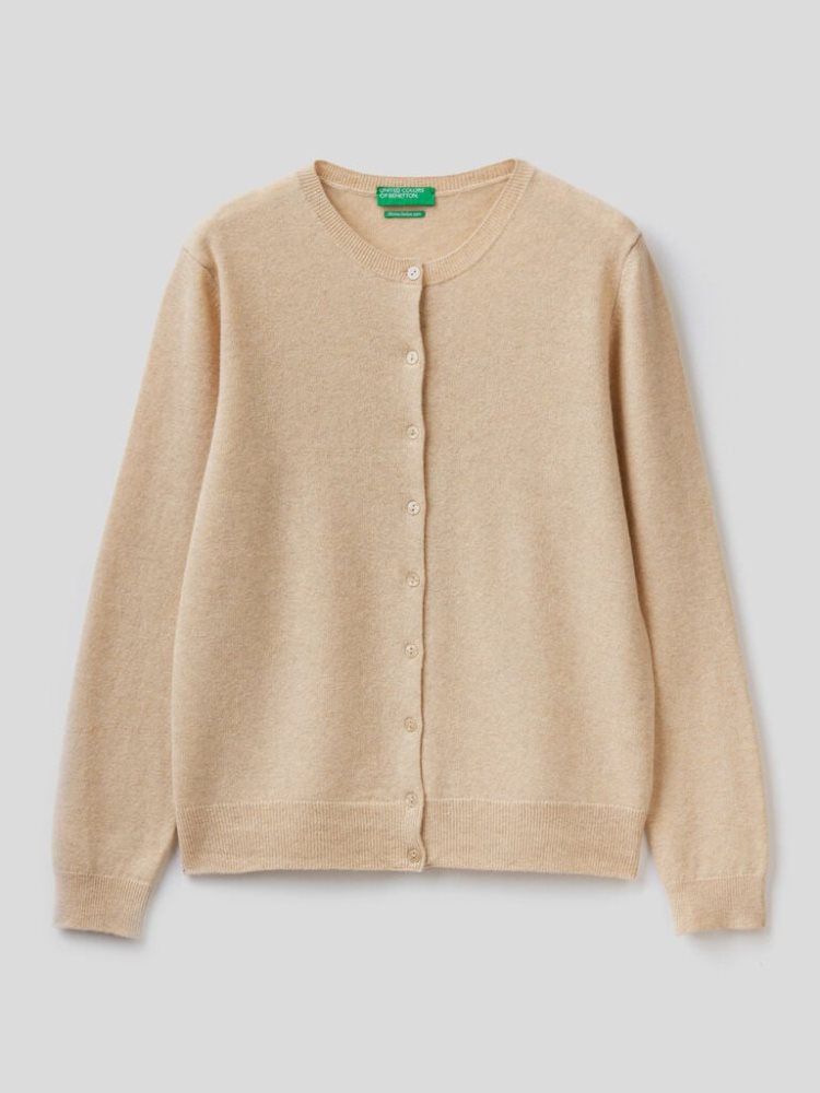 Benetton Crew Neck Pure Merino Wol Cardigan Dames Beige | BE512869