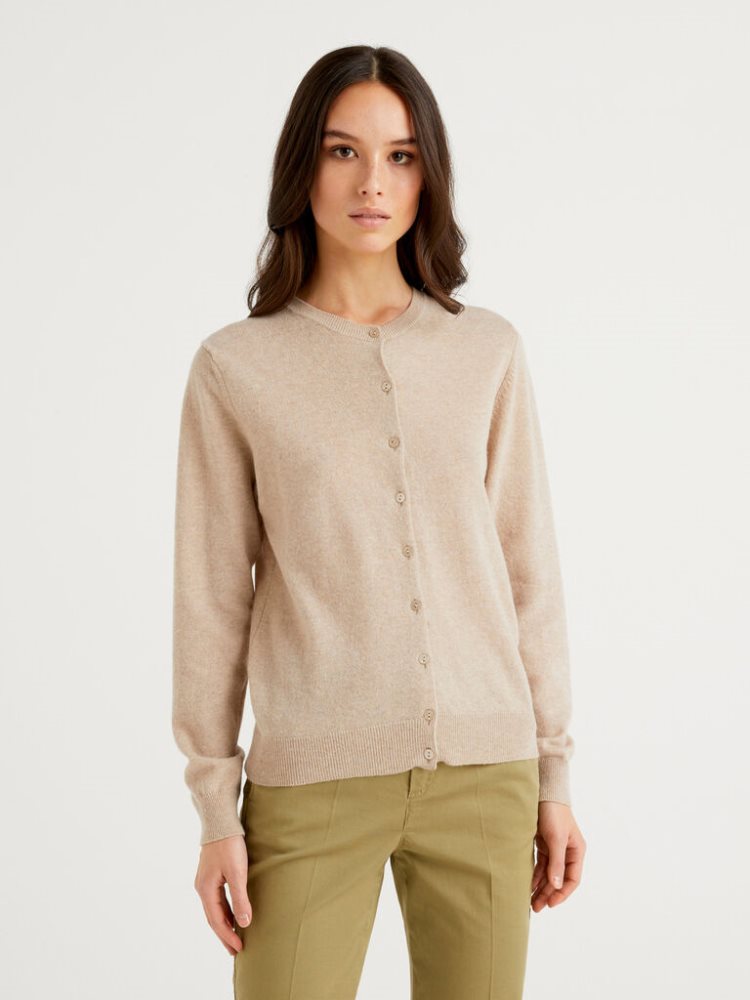 Benetton Crew Neck Pure Merino Wol Cardigan Dames Beige | BE512869