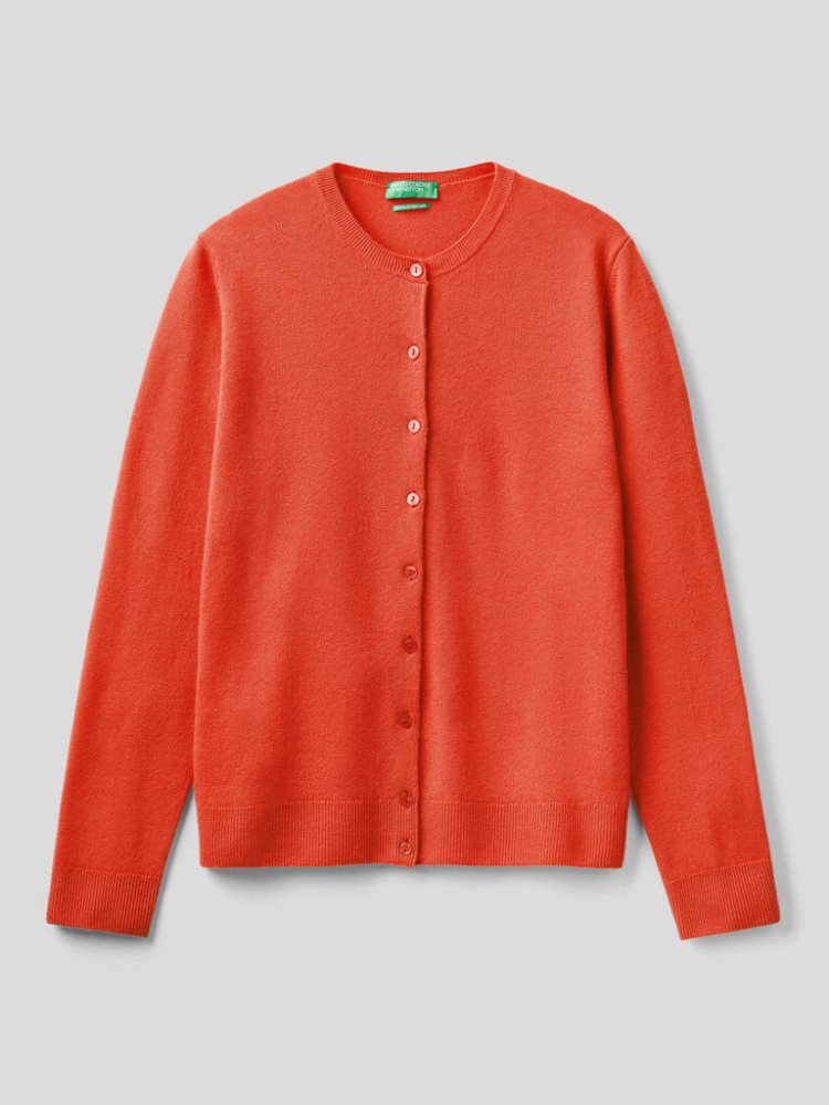 Benetton Crew Neck Pure Merino Wol Cardigan Dames Koraal | BE570968