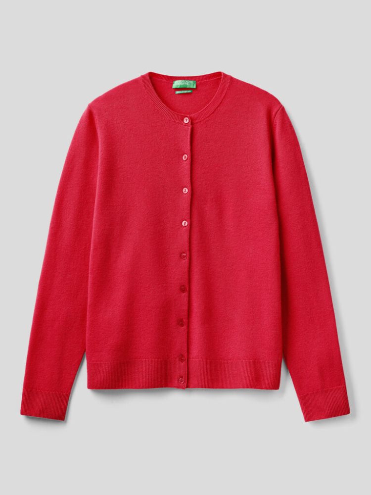 Benetton Crew Neck Pure Merino Wol Cardigan Dames Diepfuchsie | BE822243