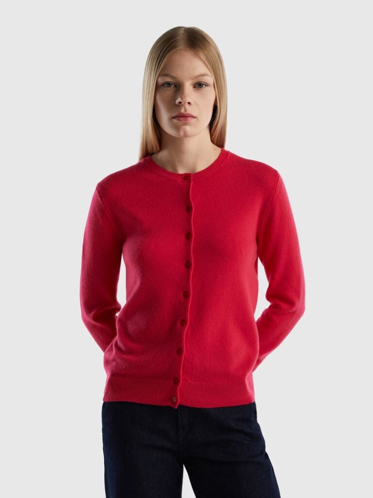 Benetton Crew Neck Pure Merino Wol Cardigan Dames Diepfuchsie | BE822243