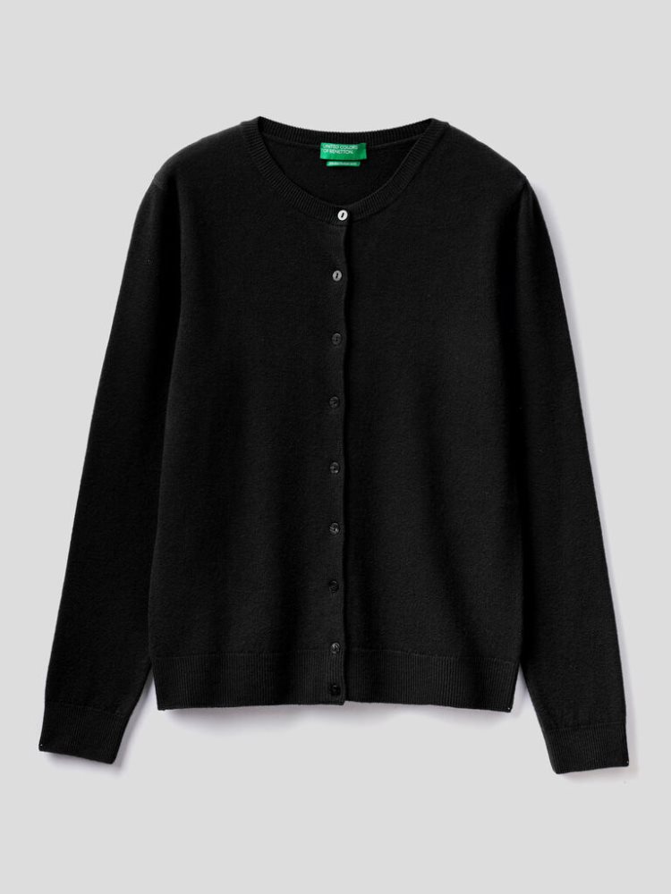 Benetton Crew Neck Pure Merino Wol Cardigan Dames Zwart | BE877645