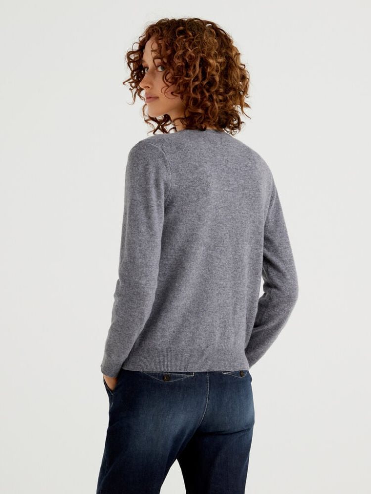 Benetton Crew Neck Pure Merino Wol Cardigan Dames Grijs | BE921947