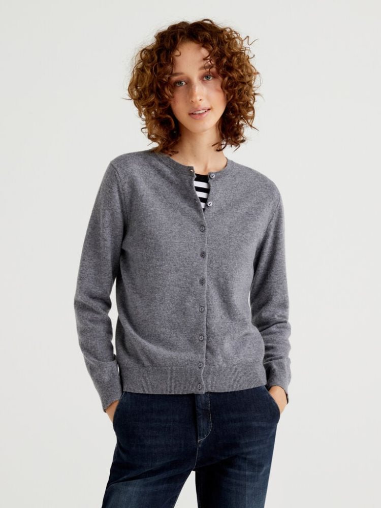 Benetton Crew Neck Pure Merino Wol Cardigan Dames Grijs | BE921947