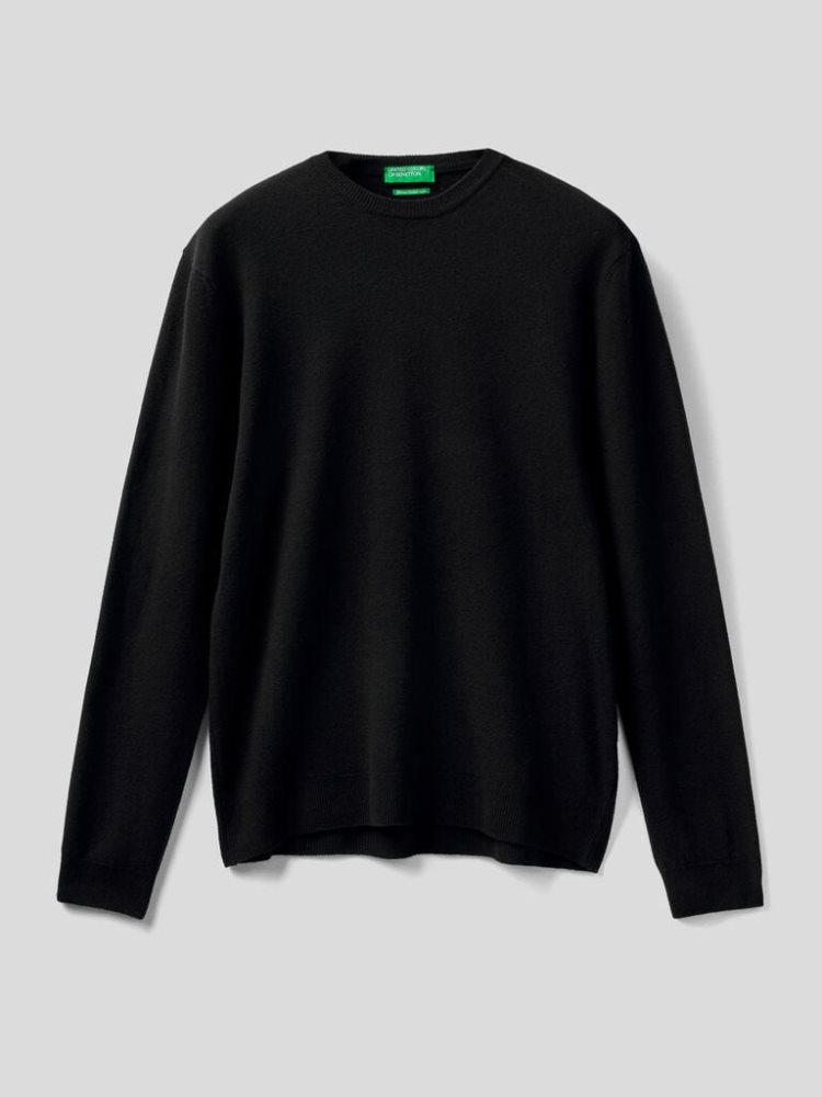 Benetton Crew Neck Pure Merino Wol Truien Heren Zwart | BE006922