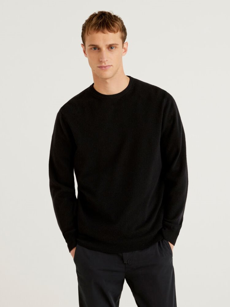 Benetton Crew Neck Pure Merino Wol Truien Heren Zwart | BE006922