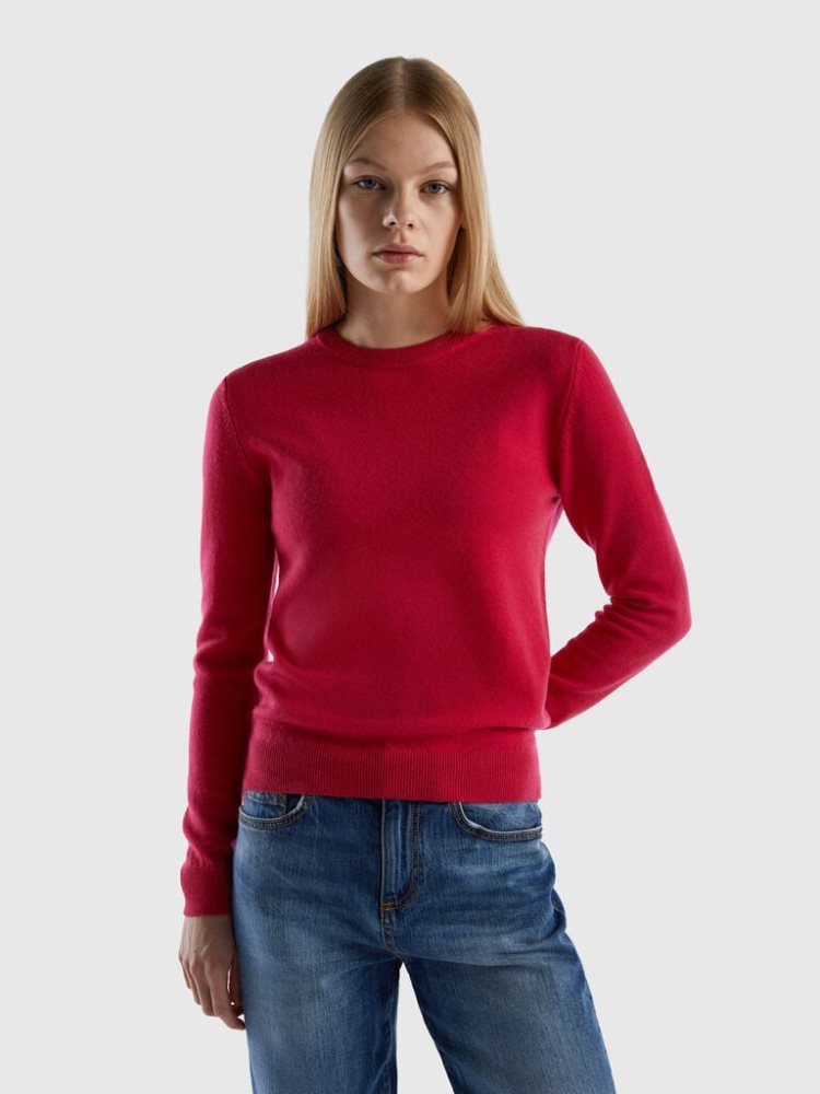 Benetton Crew Neck Pure Merino Wol Truien Dames Diepfuchsie | BE073843