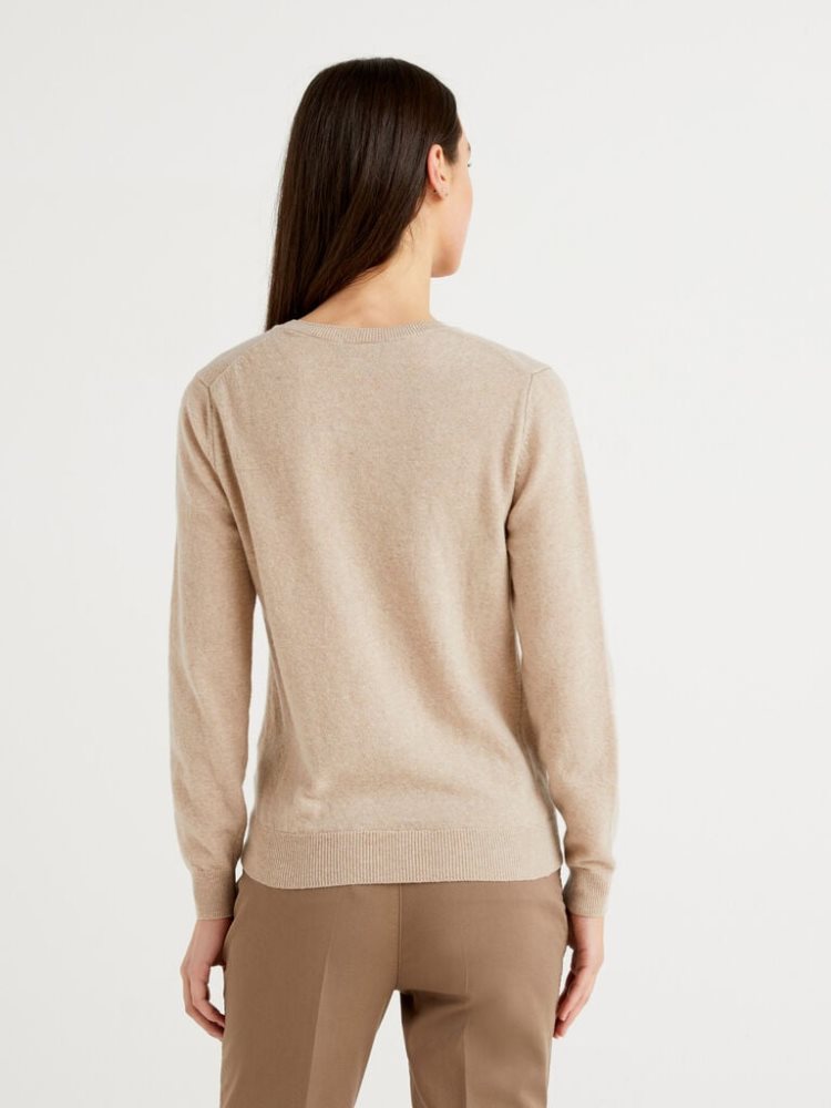 Benetton Crew Neck Pure Merino Wol Truien Dames Beige | BE115583