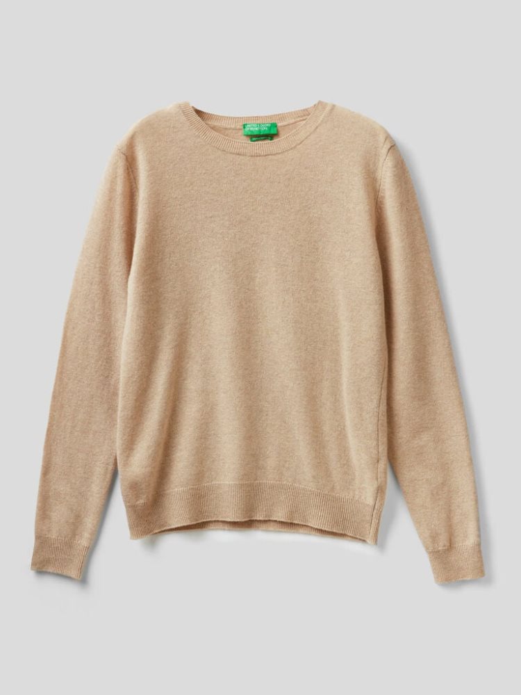 Benetton Crew Neck Pure Merino Wol Truien Dames Beige | BE115583