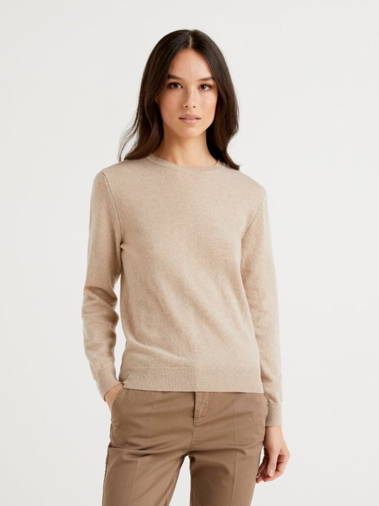 Benetton Crew Neck Pure Merino Wol Truien Dames Beige | BE115583