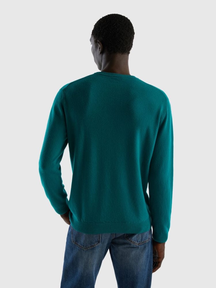 Benetton Crew Neck Pure Merino Wol Truien Heren Donkergroen | BE494422