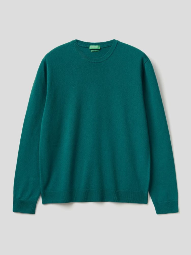 Benetton Crew Neck Pure Merino Wol Truien Heren Donkergroen | BE494422