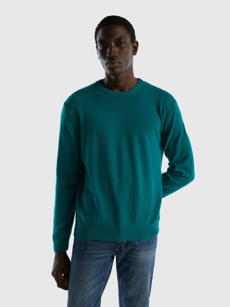 Benetton Crew Neck Pure Merino Wol Truien Heren Donkergroen | BE494422