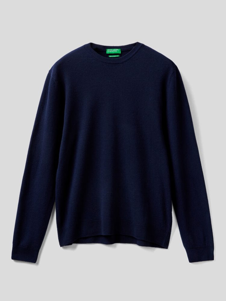 Benetton Crew Neck Pure Merino Wol Truien Heren Donkerblauw | BE510759