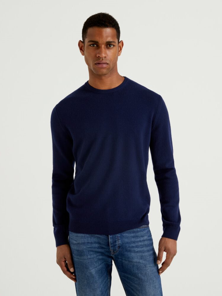 Benetton Crew Neck Pure Merino Wol Truien Heren Donkerblauw | BE510759