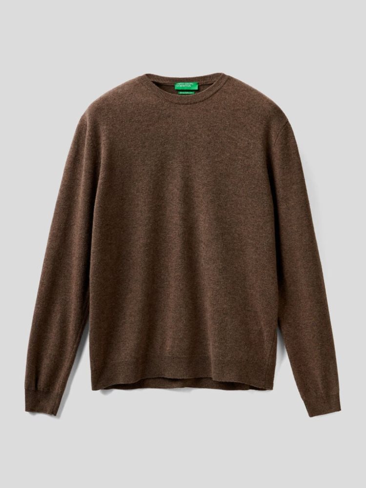 Benetton Crew Neck Pure Merino Wol Truien Heren Bruin | BE551835