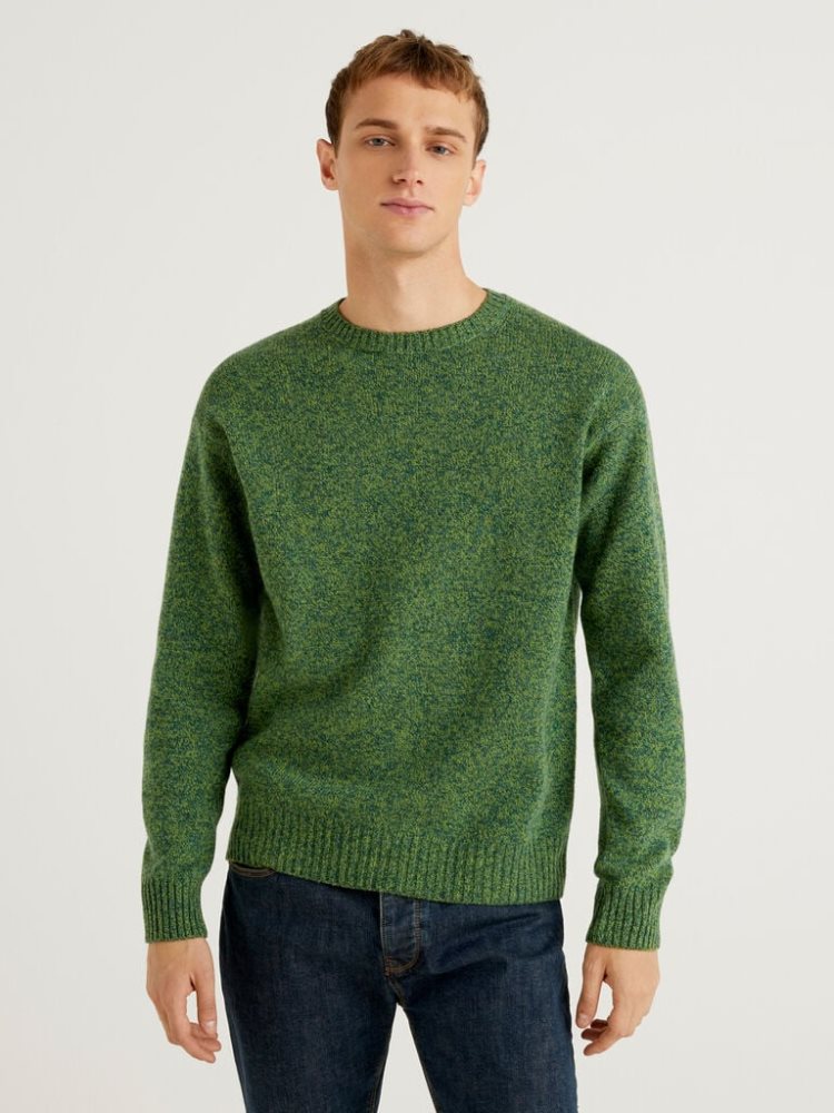 Benetton Crew Neck Pure Shetland Wol Truien Heren Groen | BE506216