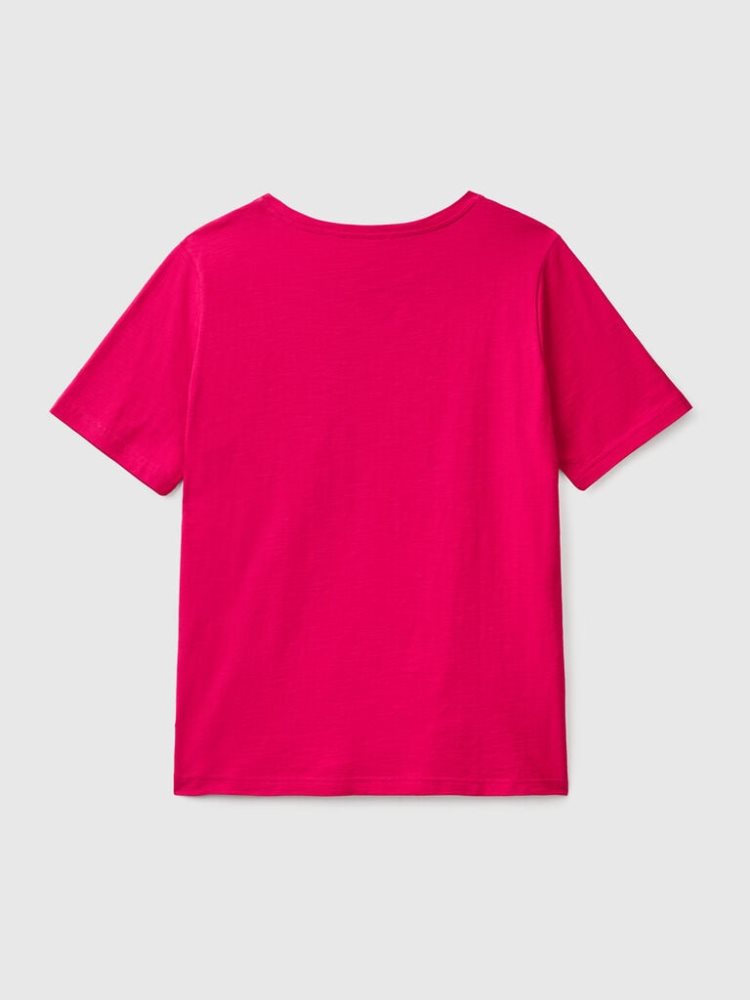 Benetton Crew Neck Slub Katoenen Short Sleeve T-shirts Dames Fuchsie | BE347112