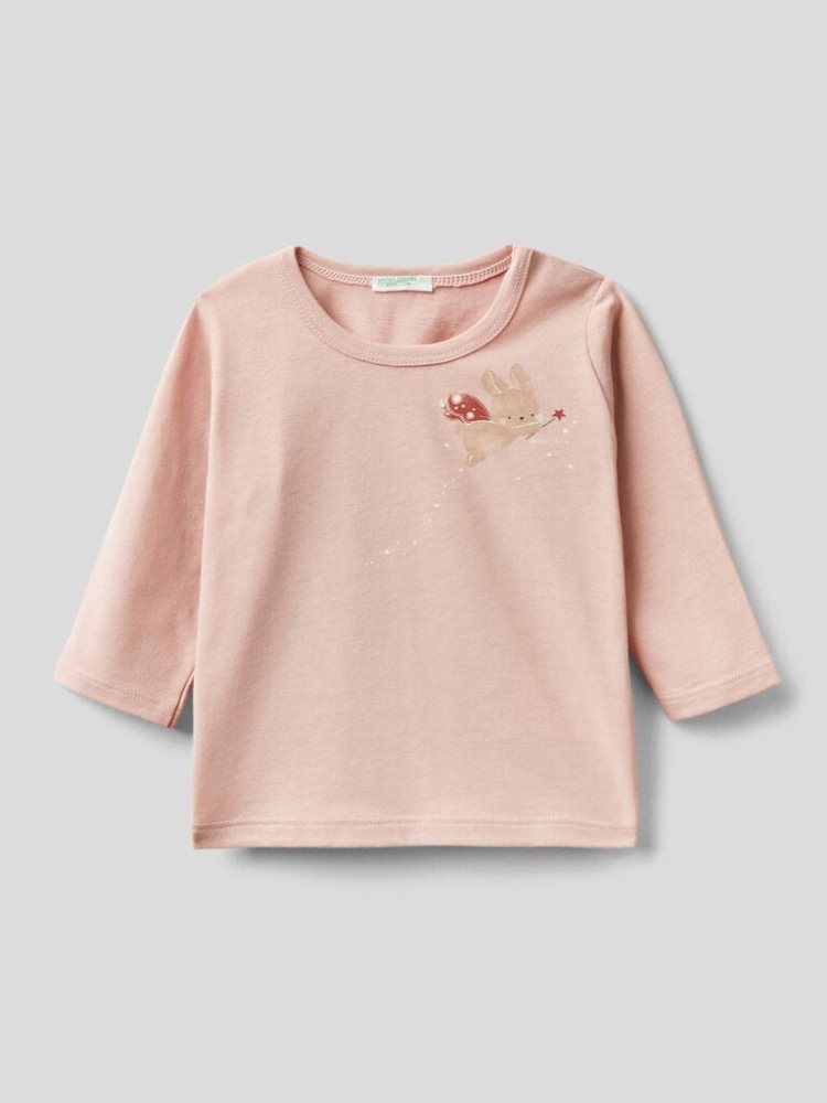 Benetton Crew Neck Warm Organic Katoenen T-shirts Kinderen Roze | BE774034