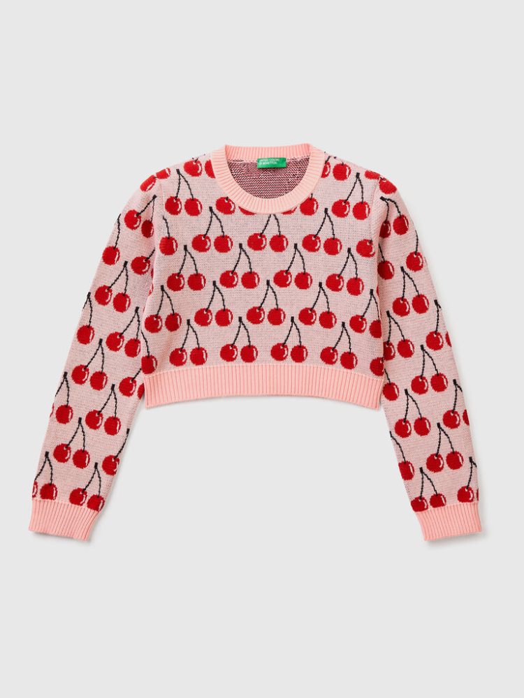 Benetton Cropped Cherry Pattern Truien Kinderen Roze | BE544955