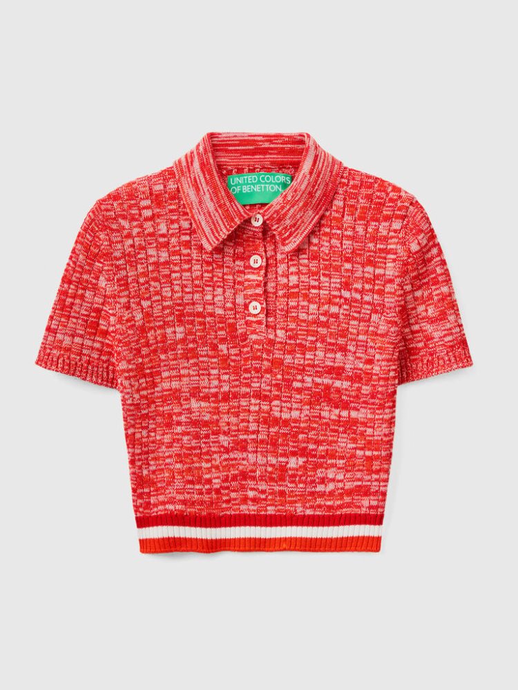 Benetton Cropped Knit Poloshirt Dames Rood | BE841177