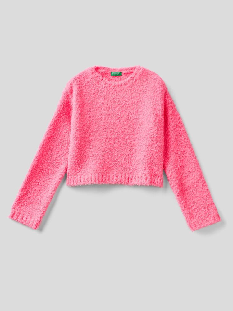 Benetton Cropped Neon Pink Bouclé Look Truien Kinderen Roze | BE696571