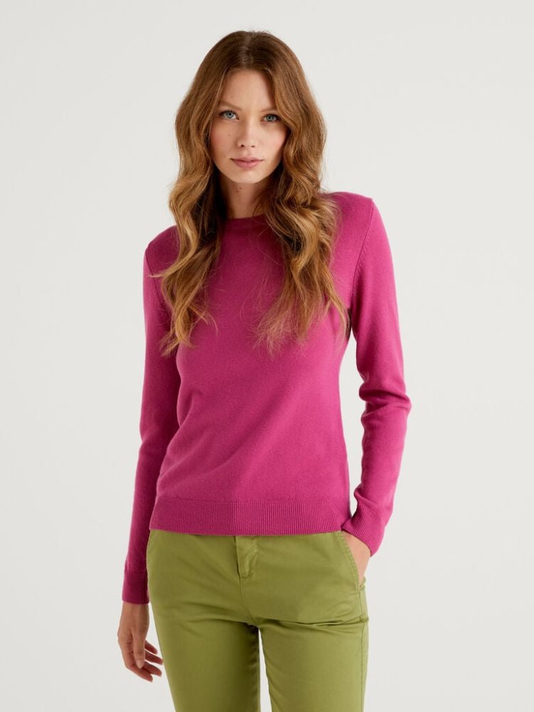 Benetton Cyclamen Crew Neck Merino Wol Truien Dames Cyclamen | BE516157