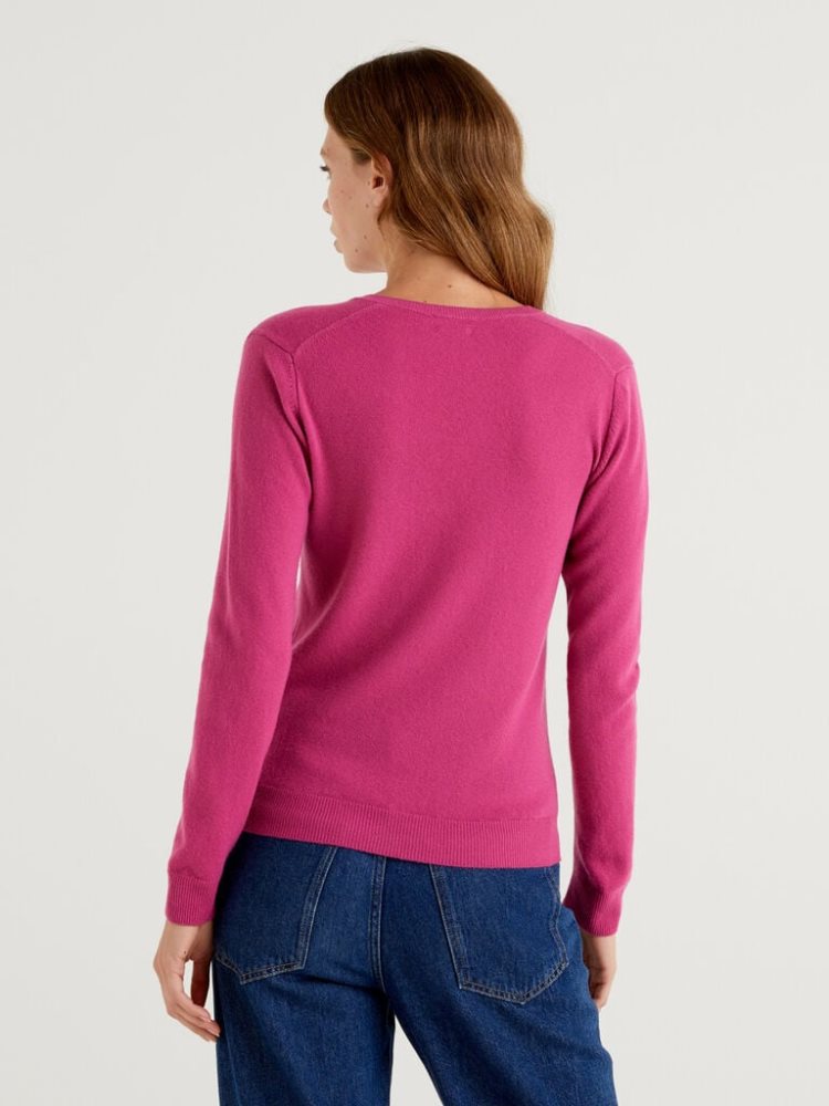 Benetton Cyclamen V-neck Pure Merino Wol Truien Dames Cyclamen | BE995066