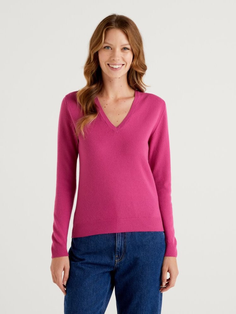 Benetton Cyclamen V-neck Pure Merino Wol Truien Dames Cyclamen | BE995066