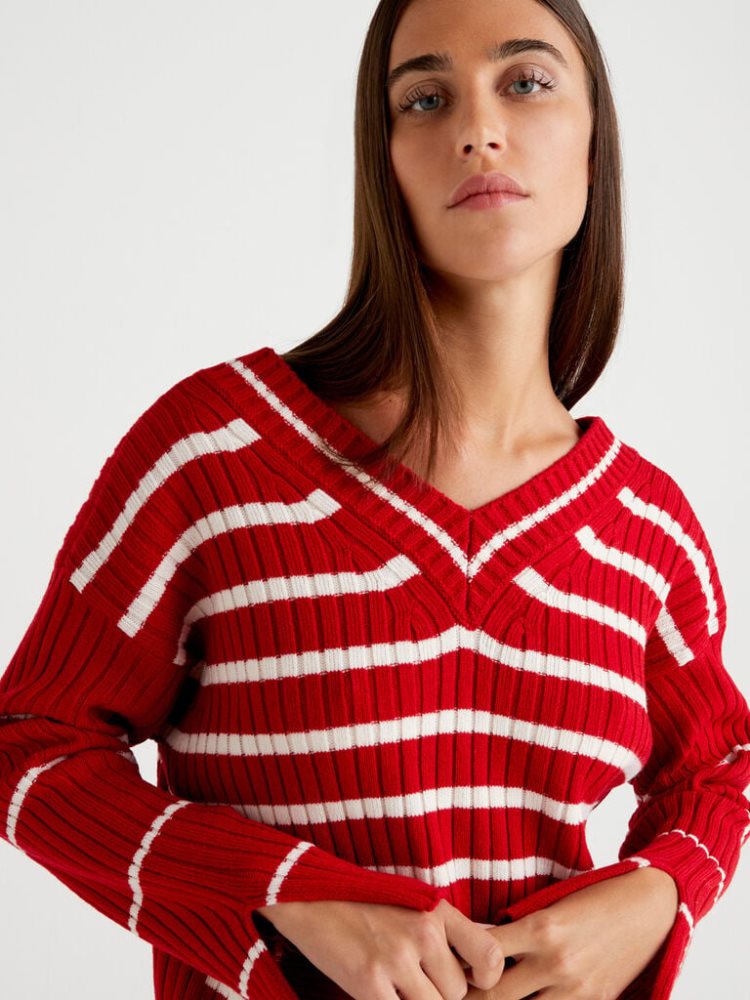 Benetton Double Fit V-neck Sweaters Dames Rood | BE094480