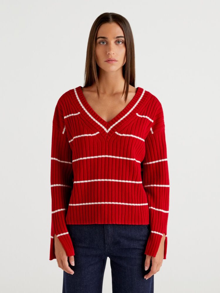 Benetton Double Fit V-neck Sweaters Dames Rood | BE094480