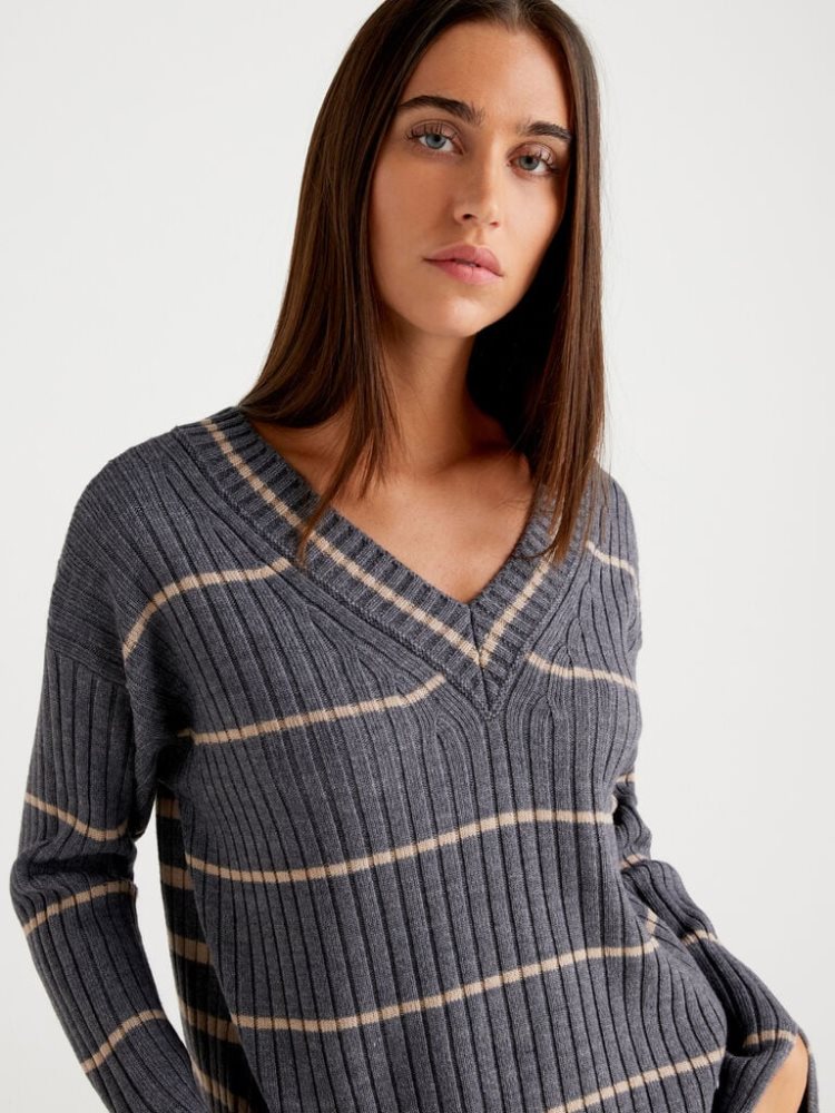 Benetton Double Fit V-neck Sweaters Dames Donkergrijs | BE158463