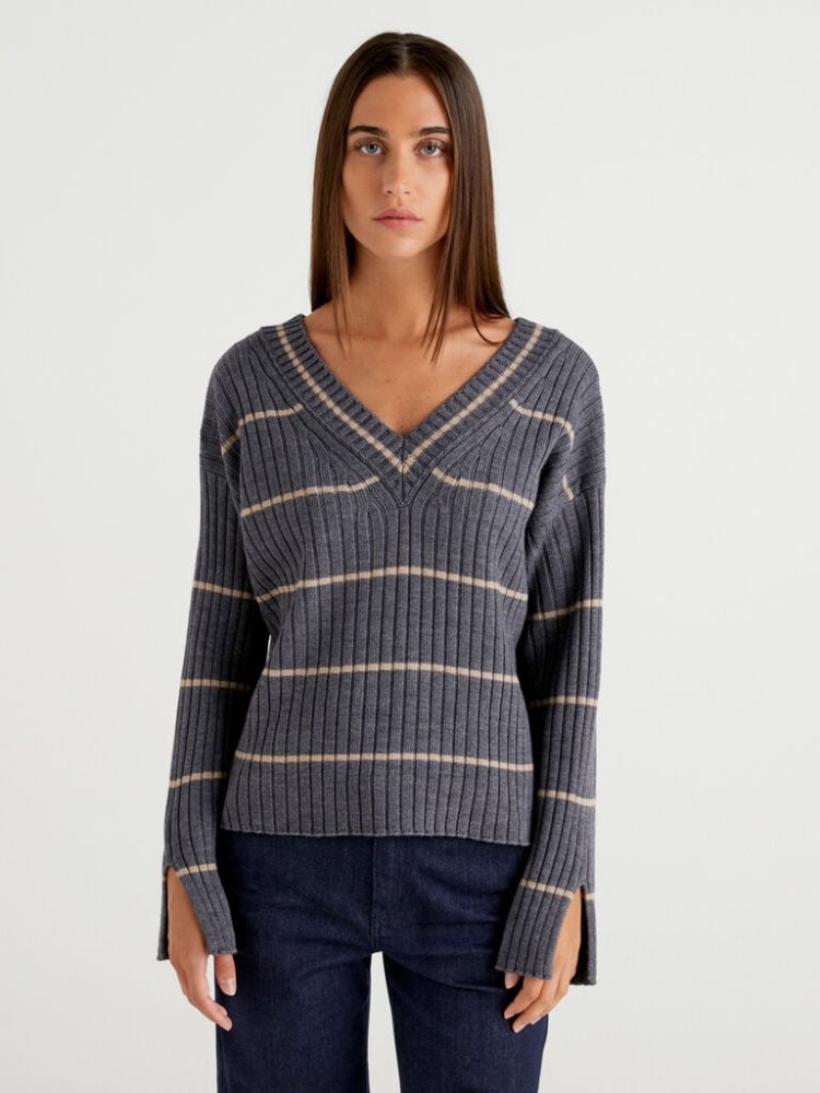 Benetton Double Fit V-neck Sweaters Dames Donkergrijs | BE158463