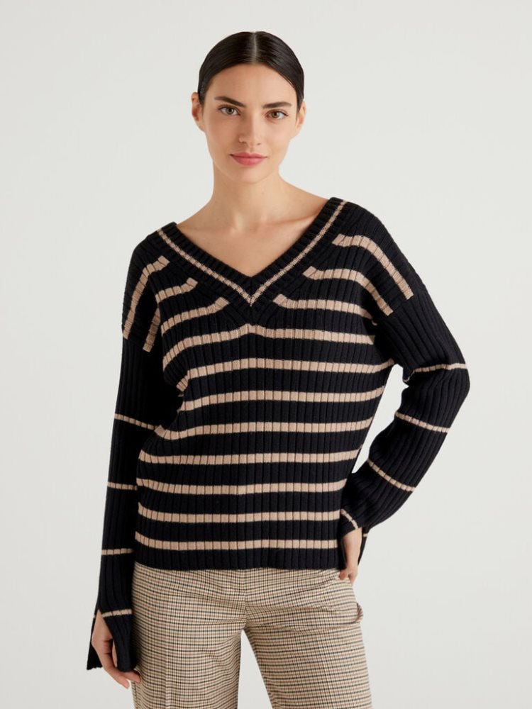 Benetton Double Fit V-neck Sweaters Dames Zwart | BE981630