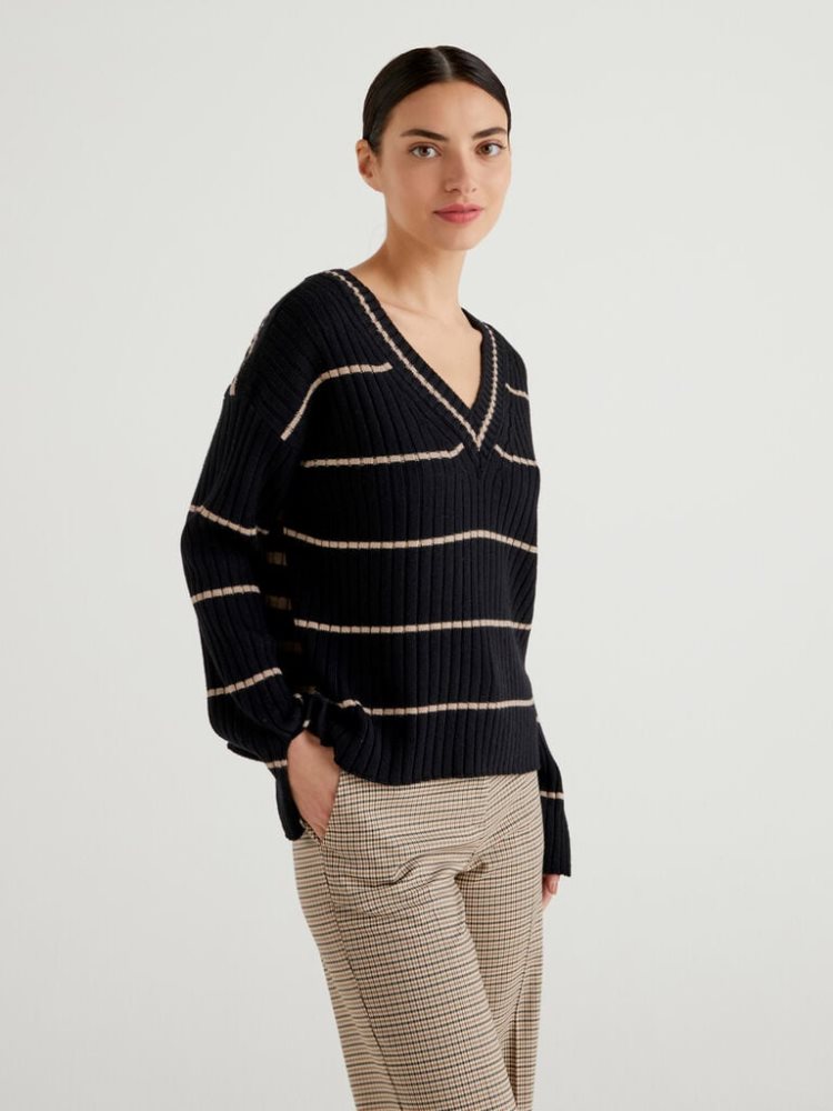 Benetton Double Fit V-neck Sweaters Dames Zwart | BE981630