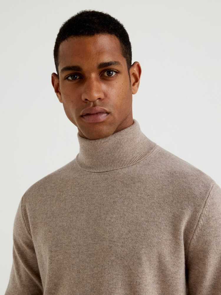 Benetton Dove Gray Pure Merino Wol Turtleneck High Neck Sweaters Heren Grijs | BE171687