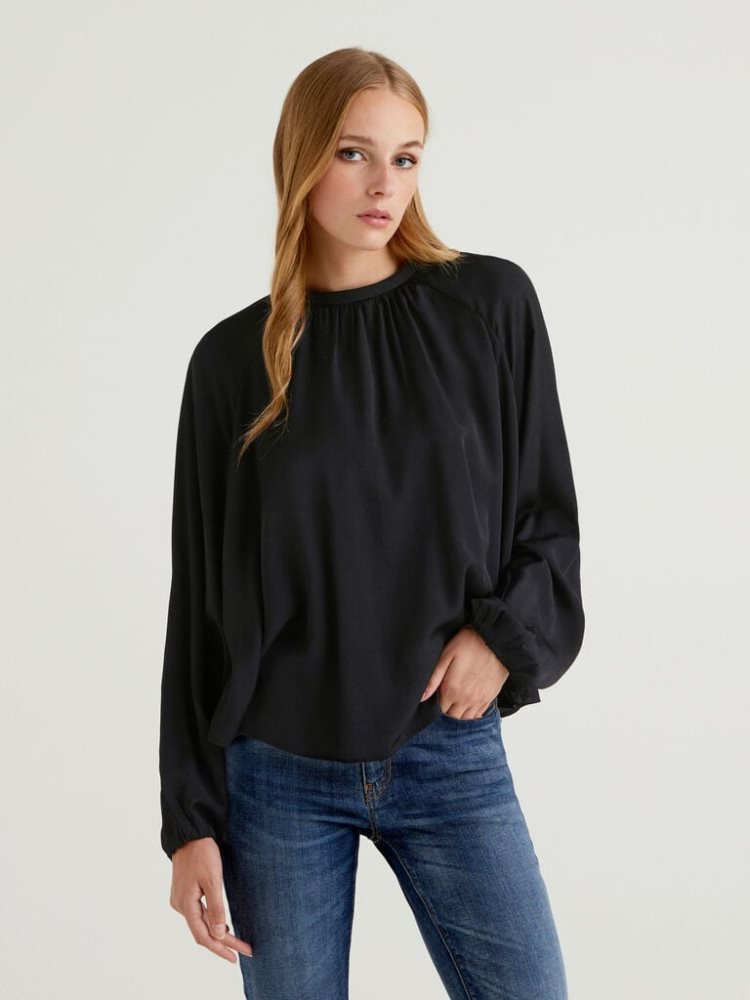 Benetton Flared Puff Sleeves Blouse Dames Zwart | BE938677