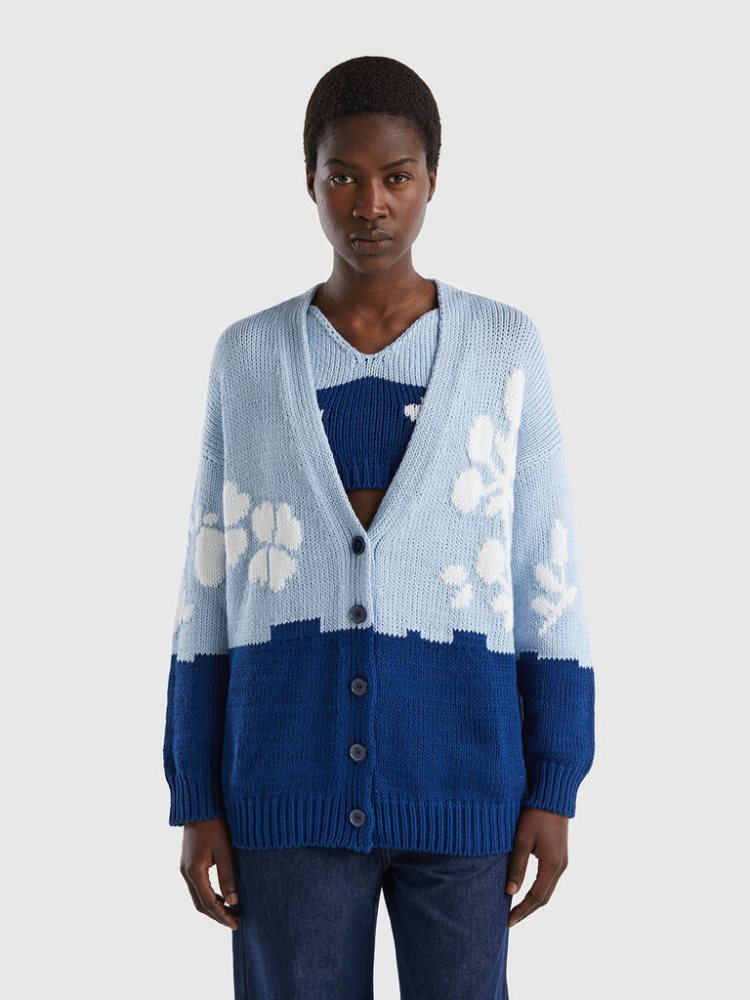 Benetton Floral Inlay Cardigan Dames Blauw | BE998038