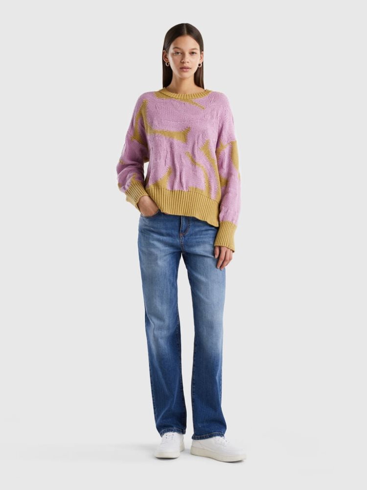 Benetton Floral Inlay Crew Neck Sweaters Dames Mosterdgeel | BE764055