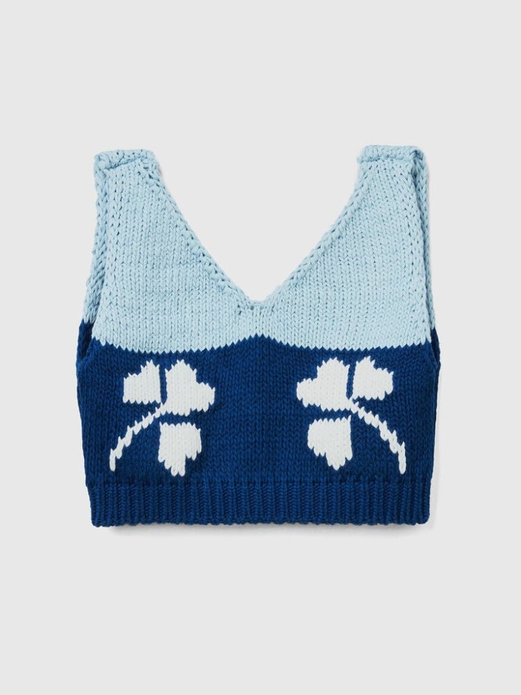 Benetton Floral Inlay Cropped Tanktop Dames Blauw | BE272692