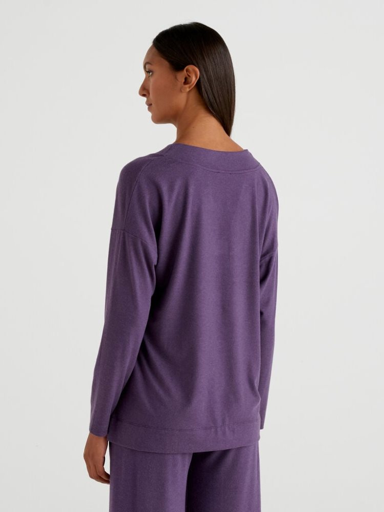 Benetton Flowy V-neck T-shirts Dames Plum | BE181634